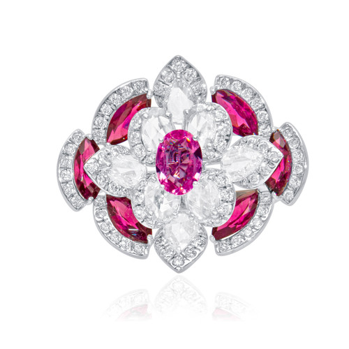 Pink Sapphire Rose Cut Diamond Flower Ring