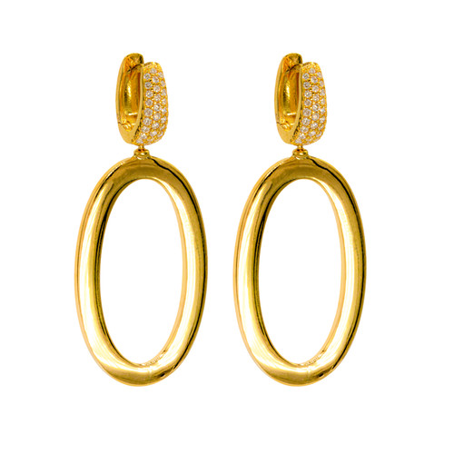 Oval Gold Hoop Earrings with Pave Diamonds 