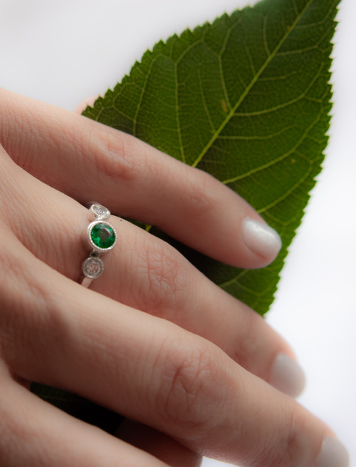 Round Emerald Three Stone Ring