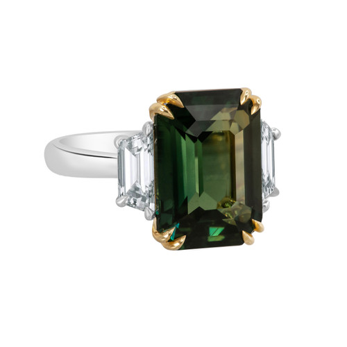 Emerald Cut Green Sapphire flanked by diamond trapezoids Side view