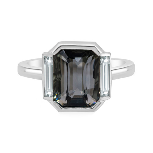 Gray Sapphire Platinum Three Stone Ring in Bezel Setting