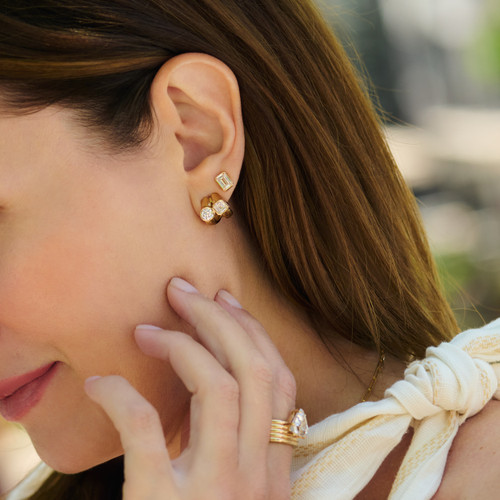 14k yellow gold Toi et Moi earrings on posts with 2 brilliant cut and 2 asscher cut LAB GROWN diamonds - on figure