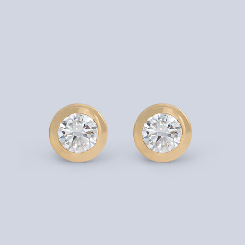 14k yellow gold small studs with 2 LAB GROWN brilliant diamonds, bezel set, totaling 1.15 carats, screw posts - front view 14k yellow gold small studs with 2 LAB GROWN brilliant diamonds, bezel set, totaling 1.15 carats, screw posts - front view
