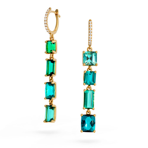 Green Blue Tourmaline Drop Earrings, Front and Side view