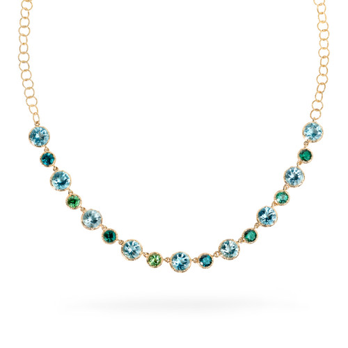 14k yellow gold necklace with round aquamarines and blue-green tourmaline on paperclip chain