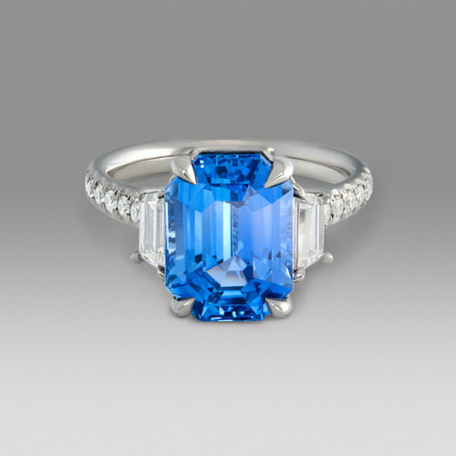 Three Stone Emerald Cut Blue Sapphire with Trapezoids Engagement Ring