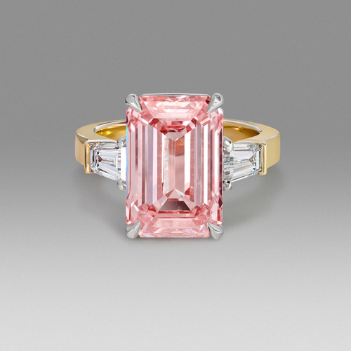 Fancy Pink Emerald Cut Lab Grown Diamond Engagement Ring with Tapered Baguettes