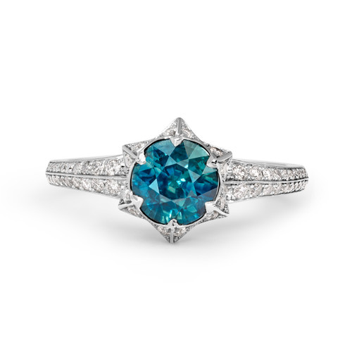 Star Flower Teal Sapphire Engagement Ring in Platinum