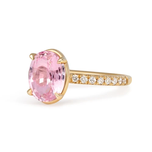 Oval Blush Pink Sapphire Pavé Diamond Engagement Ring Side