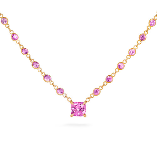 Pink sapphire necklace in 18k yellow gold featuring 9.30cts total with a 1.11ct cushion-cut center stone. A vibrant, elegant statement piece.-zoom out