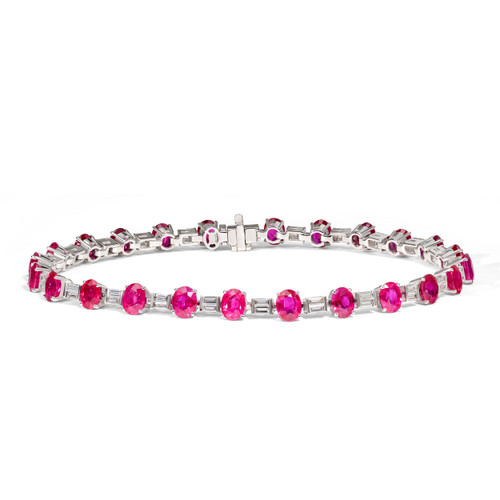 Oval Ruby and Baguette Diamond Bracelet in White Gold