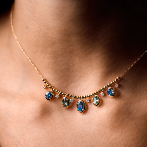 Montana Sapphire Oval Droplet Necklace, on model