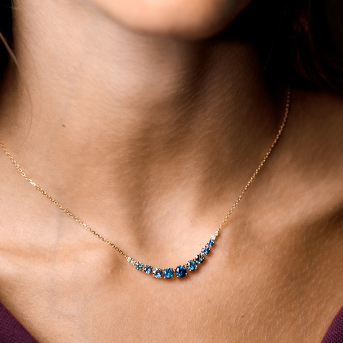 Graduated Montana Sapphire Necklace Yellow Gold  on model