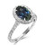 Oval Greenish Blue Bicolor Sapphire Ring with diamond halo standing