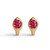 14k huggie style earrings with round rubies close up