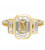 Three stone emerald cut bezel set engagement ring in yellow gold
