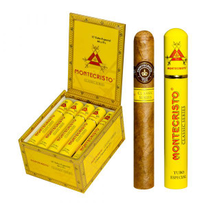 Open box of Montecristo Classic Tubo Especial with a single cigar to the right handside.