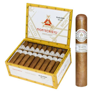 Open box of Montecristo White Rothchilde with a single cigar on right side.