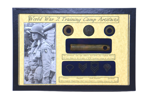 WW2 Camp Artifacts and Metal Collar Insignias with Display Case and COA