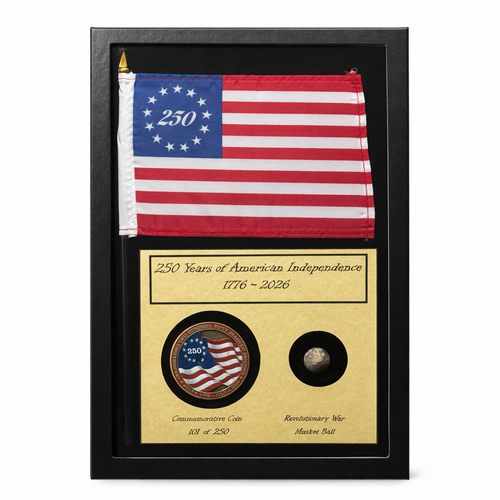 America 250th Anniversary Display with Coin, Flag, Revolutionary  War Musket Ball 1776-2026