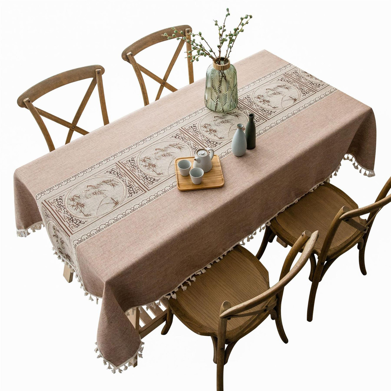 新品ColorBird Farmhouse Tablecloth Stitching Tassel Heavy Weight Cotton Linen  Table Cloth Fabric Wrinkle Free Washable Table Cover for Kit 