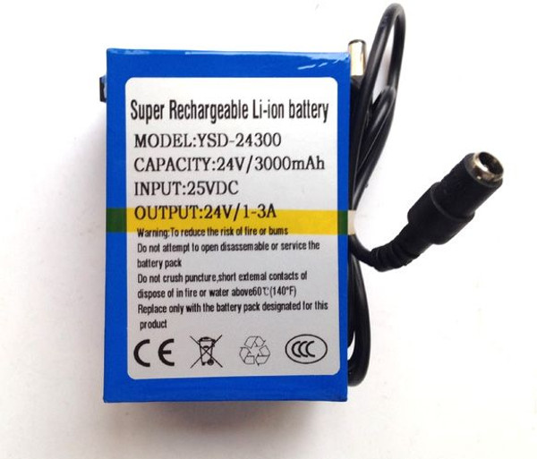 24V DC 3000mAh Rechargeable Lithium-ion Battery Pack with UK charger