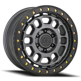 17X8 6X130 +30 HB 84.1 R35 BEADLOCK SATIN GUNMETAL WITH BLACK E-COATED RING
