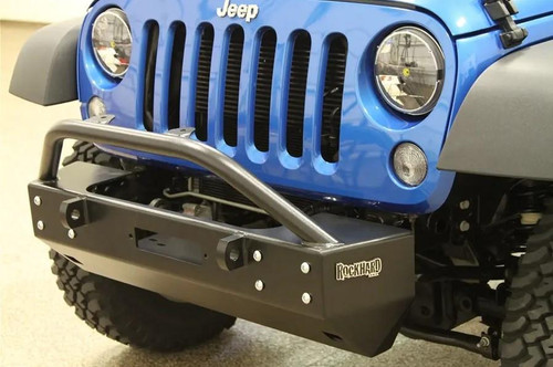  Rock Hard 4x4 Aluminum Patriot Series Grille Width "Stubby" Front Bumper w/Lowered Winch Plate & No Fog Lights for Jeep Wrangler JK 2007 - 2018 [RH-5042] 