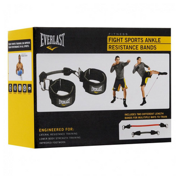 Everlast® Fight Sports Ankle Resistance Bands. Two padded hook and loop ankle straps provide comfort and stability during fitness and boxing training.
Removable grey elastic band designed to discipline footwork and athletic stance provides resistance up to 25 LBS. Removable red elastic band designed to strengthen knee strikes and kicks provides resistance up to 15 LBS. Ankle resistant bands are quality boxing training equipment that is important in lateral resistance, lower body strength, training, and improving footwork. Ideal for building powerful leg strength and superior speed. Wear while shadow boxing, warming up, training and performing drill work to really "burn" the calves, quads, glutes and hips for amazing results. Two separate strength resistant band attachments offer differing resistance for a myriad of options and skill levels. Easily attaches around ankles and clips to resistance bands for immediate action.