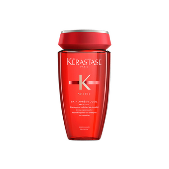 Kérastase Bain Après-Soleil Shampoo. After-sun shampoo enriched with coconut water to gently remove chlorine, salt and sand residues cleansing hair from their drying effects. On wet hair, the translucent gel lathers to purify the scalp and lengths for a deeply cooling and hydrating effect. Hair is hydrated through the lengths for instantly refreshed, luminous and smooth locks. Fragrance lingers long, leaving you with luminous hair lightly scented with summary jasmine and tuberose.