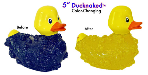 5" Ducknaked Color-Changing Rubba Duck.  To activate the his condition (color-changing abilities); simply submerge Ducknaked in warm water and within seconds watch its blue bubbly coat to Naked Mode!