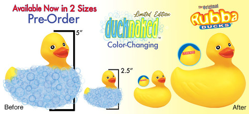 To activate the color-changing abilities; simply submerge Big Ducknaked in warm water and within seconds watch its blue bubbly coat strip away to become Ducknaked.  Warmth of the sun will activate Little Ducknaked as well as, a warm set of hands.
