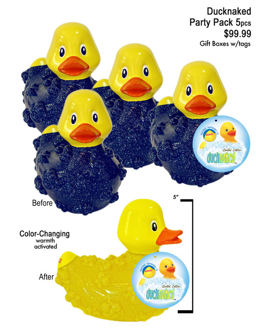 5pcs Party Pack of 5" Ducknaked Color-Changing Rubba Duck.  Delivered in their Gift  Box with tag.  To activate his condition (color-changing abilities); simply submerge Ducknaked in warm water and within seconds watch its blue bubbly coat strip away to become Ducknaked.