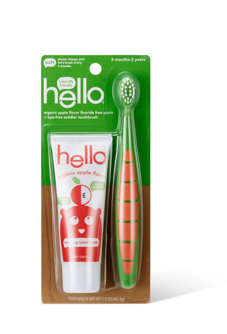 Hello Toddler Training Toothpaste with Natural Apple Flavor + Kids Toothbrush, Vegan, SLS, BPA Free
