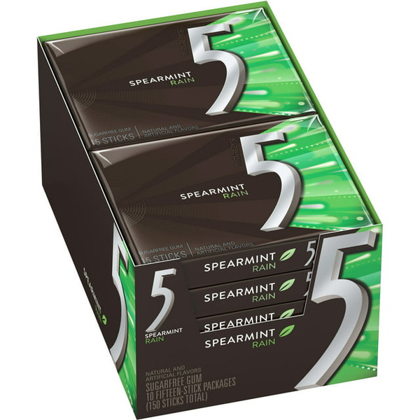 5 Gum Spearmint Rain Sugarfree Gum, 15 Count (Pack of 10)