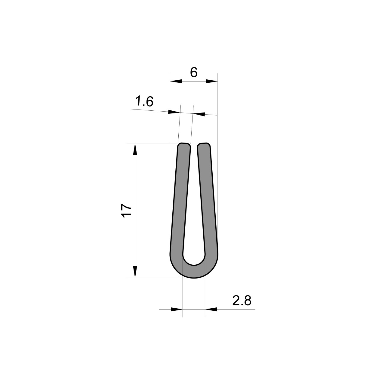 Rounded Rubber U Channel (1.5-2.5mm Panel x 17mm High)
