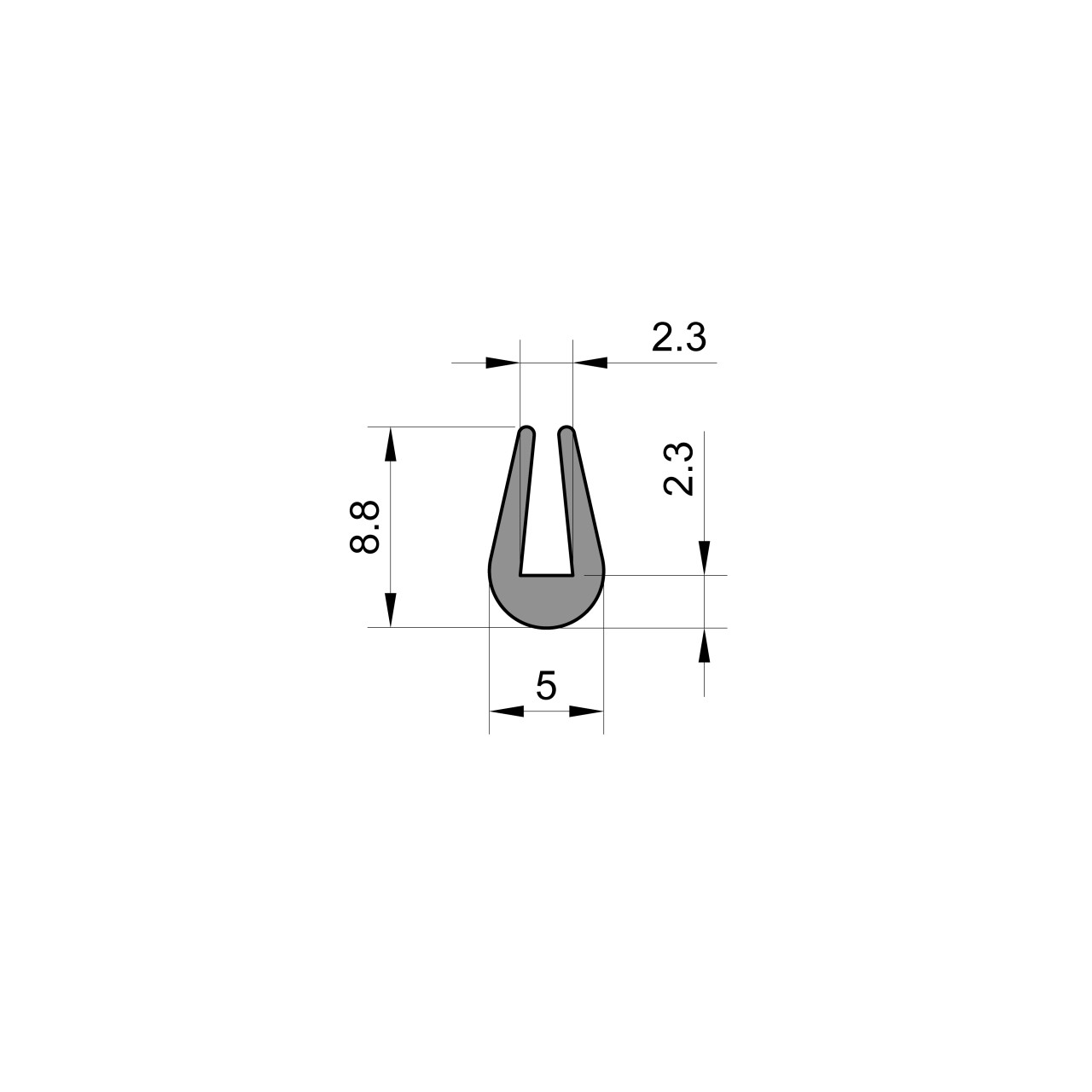 Rounded Rubber U Channel (3mm Panel x 8.8mm High)