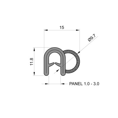 Self-Gripping Rubber Edge Trim With 9.7mm Side Seal (To Fit 1mm to 3mm Panel) Self-Gripping Rubber Edge Trim With 9.7mm Side Seal (To Fit 1mm to 3mm Panel)
