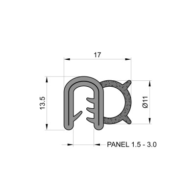 Self-Gripping Rubber Edge Trim With 11mm Side Seal (To Fit 1.5mm to 3mm Panel) Self-Gripping Rubber Edge Trim With 11mm Side Seal (To Fit 1.5mm to 3mm Panel)