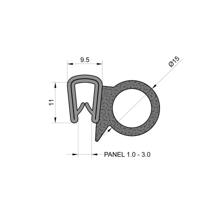 Self-Gripping Rubber Edge Trim With 15mm Side Seal (To Fit 1mm to 3mm Panel) Self-Gripping Rubber Edge Trim With 15mm Side Seal (To Fit 1mm to 3mm Panel)