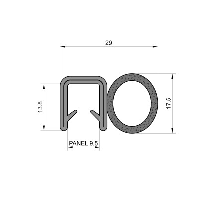 Self-Gripping Rubber Edge Trim With 17.5mm Side Seal (To Fit 9.5mm Panel)