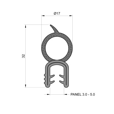 Self-Gripping Rubber Edge Trim With 17mm Top Seal (To Fit 3mm to 5mm Panel) Self-Gripping Rubber Edge Trim With 17mm Top Seal (To Fit 3mm to 5mm Panel)