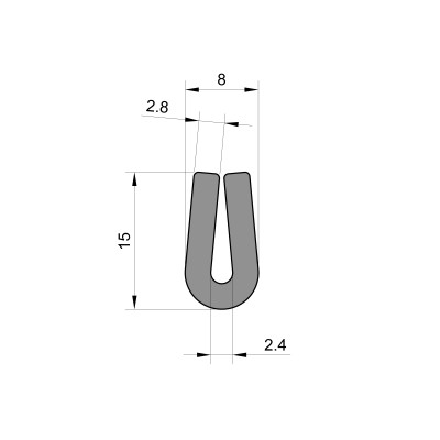 Rounded Rubber U Channel (1mm to 2mm Panel Gap x 15mm High x 2.8mm Thick) Rounded Rubber U Channel (1mm to 2mm Panel Gap x 15mm High x 2.8mm Thick)
