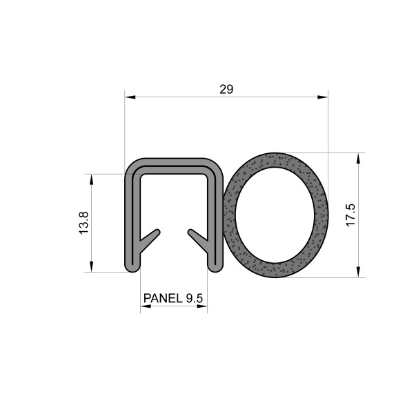 Self-Gripping Rubber Edge Trim With 17.5mm Side Seal (To Fit 9.5mm Panel)