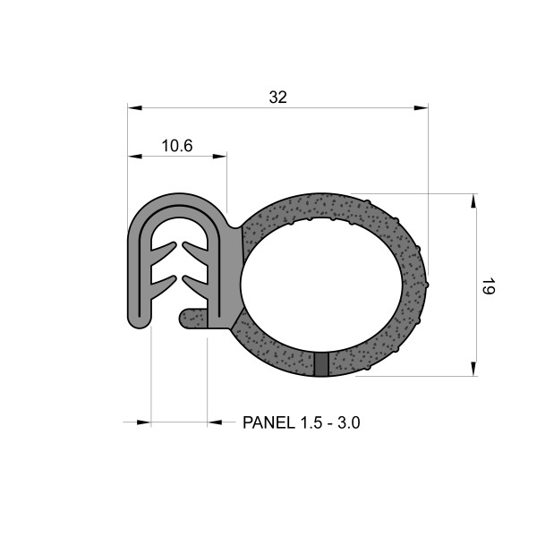 Self-Gripping Rubber Edge Trim With 21mm Side Seal (To Fit 1.5mm to 3mm Panel)