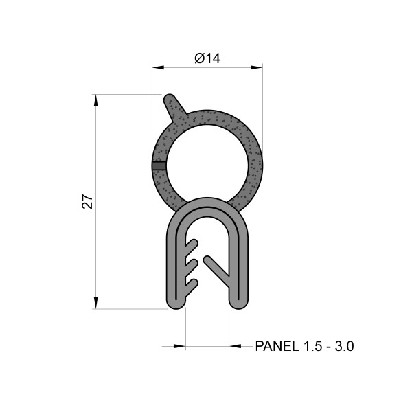 Self-Gripping Rubber Edge Trim With 14mm Top Seal (To Fit 1.5mm to 3mm Panel)