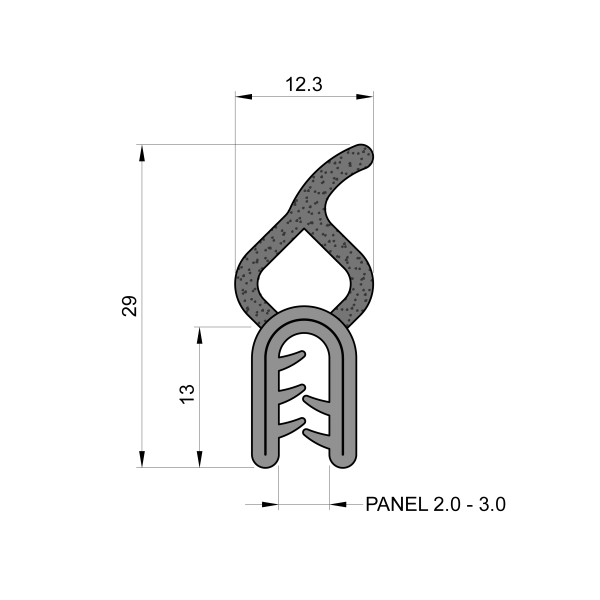 Self-Gripping Rubber Edge Trim With 12.3mm Top Seal (To Fit 2mm to 3mm Panel)