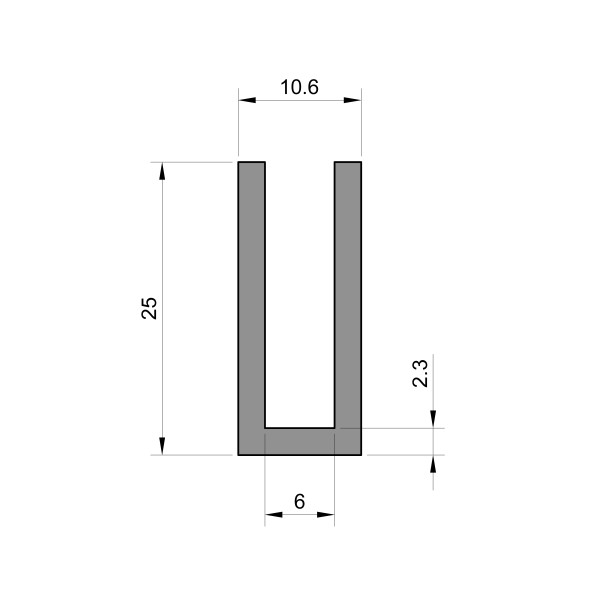 Square Rubber U Channel (6mm Panel Gap x 25mm High x 2.3mm Thick)