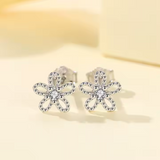 Earrings - Sterling Silver Post 14K White Gold Plated Cubic Zirconia Stamen Flower Stud Earrings for Women, Hypoallergenic Dainty Bloom CZ Studs (5mm)