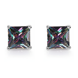 Earrings - Sterling Silver Rhodium Plated Rainbow Topaz Cubic Zirconia Princess Cut Studs (5mm)